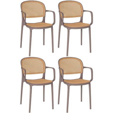 Kit 4 Cadeiras de Jantar Roma Prática com Braços para Sala e Cozinha - Marrom Claro