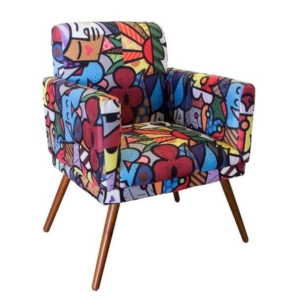 Kit 2 Poltronas Decorativa Nina com Puff Recondo Suede Romero Britto - 2