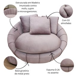 Poltrona Redonda Giratória Confortável Almofadas Rose Cloe - 2