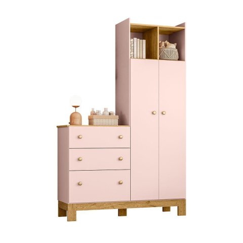 Guarda Roupa Casal Flora 2 Portas 3 Gavetas MDP Cômoda Integrada Rosa Acetinado Qmovi