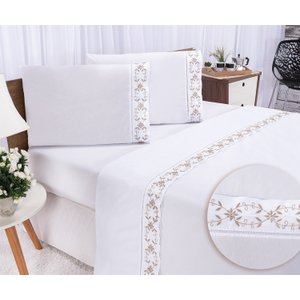 Jogo de Lençol Queen em Promoção Veneza Branco com Caki 4pçs.