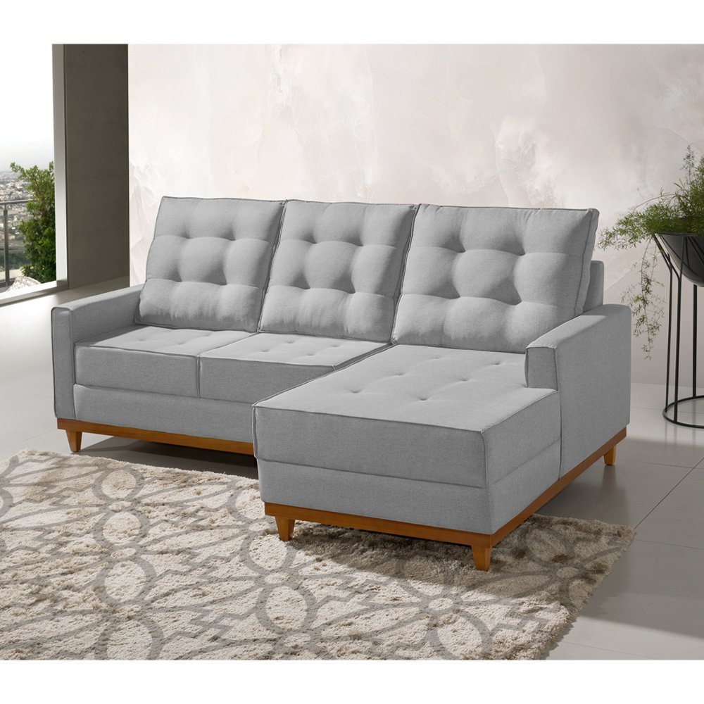 Sofá Luxo com Chaise Base Madeira Maciça Ibiza 2,10 M Linho Cinza Claro