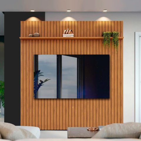 Painel Ripado para Tv até 75 Polegadas 223cm X 240cm Freijó Pratic Dj Móveis