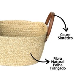 Cesto Fibra Natural Palha Trançada Bege com Alça Marrom Couro Sintético 30cm X 21cm - Paramount - 3