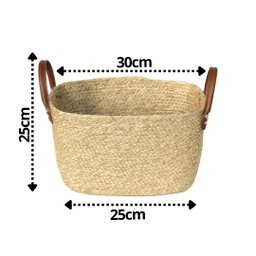Cesto Fibra Natural Palha Trançada Bege com Alça Marrom Couro Sintético 30cm X 21cm - Paramount - 4