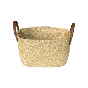 Cesto Fibra Natural Palha Trançada Bege com Alça Marrom Couro Sintético 30cm X 21cm - Paramount