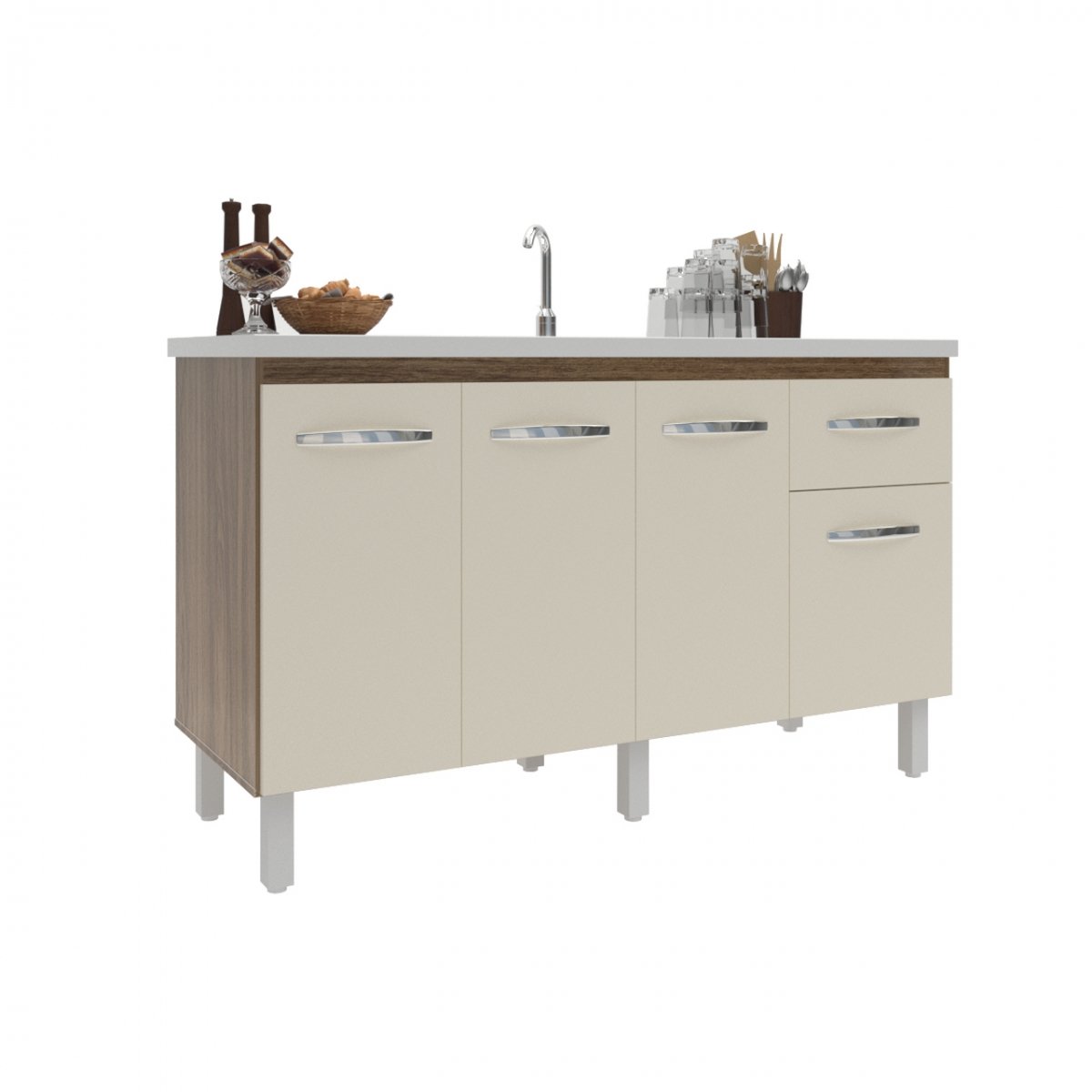 Balcão Cozinha Armário Gabiente Pia de 140 Cm com 4 Portas e 1 Gavetas Camila Savana Off White - 4