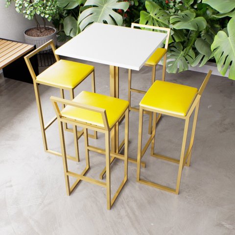 Jogo Mesa Alta Bistrô Quadrada Branca 4 Banquetas Estofado Confort Amarelo Dourado Don Castro