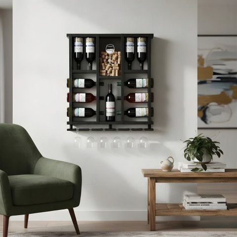 Adega de Madeira Maciça para 11 Garrafas de Vinho com Porta Rolhas e Porta Taças Taças - Nogueira