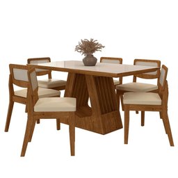 Mesa Santiago com 6 Cadeiras Sextavada Freijó/off/corino Bege - M.a Freijó/off Premium/corino - 1