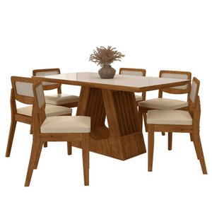 Mesa Santiago com 6 Cadeiras Sextavada Freijó/off/corino Bege - M.a Freijó/off Premium/corino