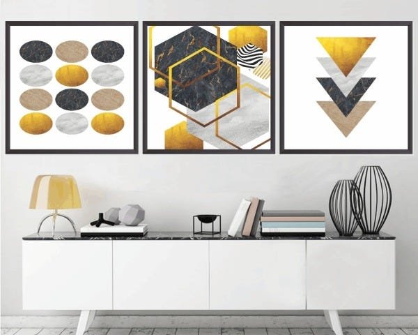 Quadro Decorativo 195x64cm Abstrato Geométrico Gold Moderno