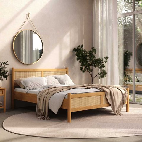Cama Queen Rattan Madeira Maciça 200 x 160 cm Freijó Cefira Idimex
