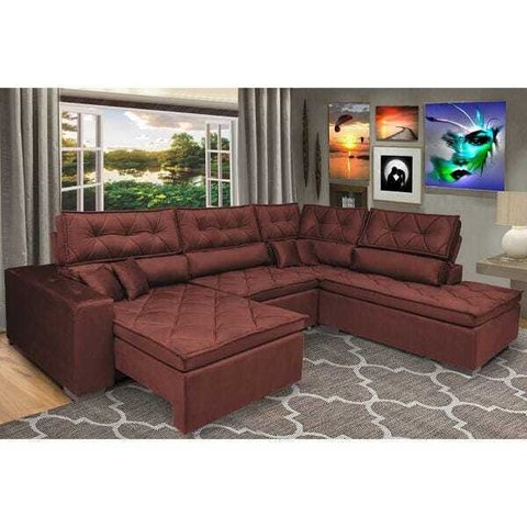 Sofá de Canto Retrátil e Reclinável com Molas Cama Inbox Platinum 3.00M x 2.36M Tecido Suede Vinho