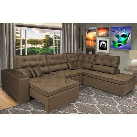 Sofá de Canto Retrátil e Reclinável com Molas Cama Inbox Platinum 3.00M x 2.36M Tecido Suede Café