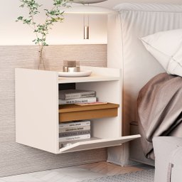 Mesa de Cabeceira Suspensa com Porta Basculante Miguel Cor Off White / Nature - Comprar Moveis em Ca - 3