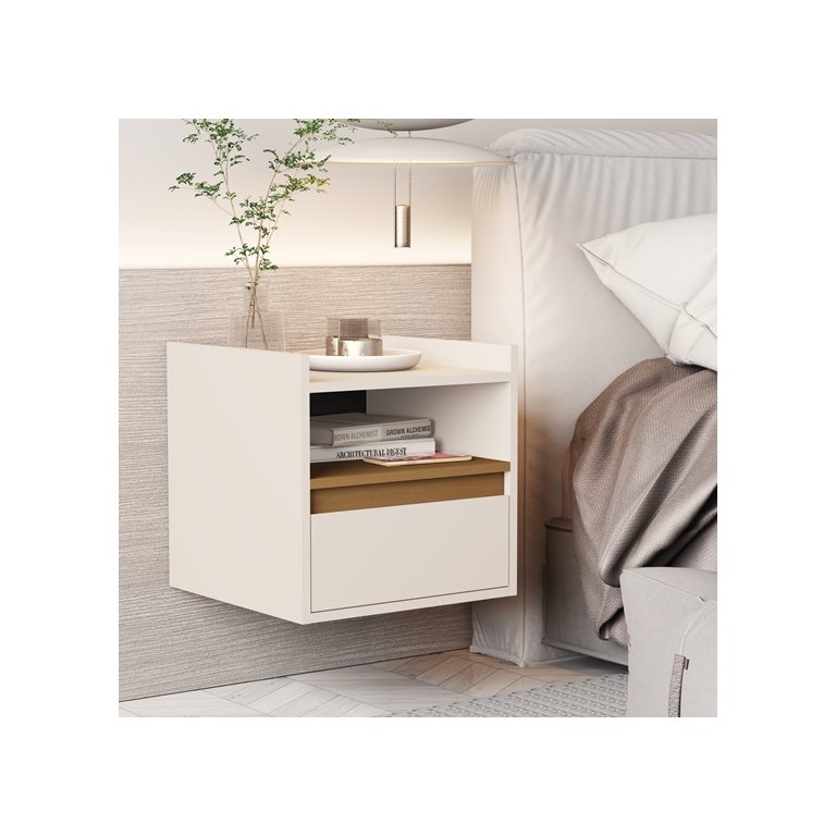 Mesa de Cabeceira Suspensa com Porta Basculante Miguel Cor Off White / Nature - Comprar Moveis em Ca