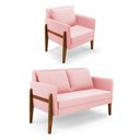 Ver imagem 1 de Kit 1 Sofá Namoradeira e 1 Poltrona Lana Suede Base de Madeira - D’Rossi Rosa Bebê