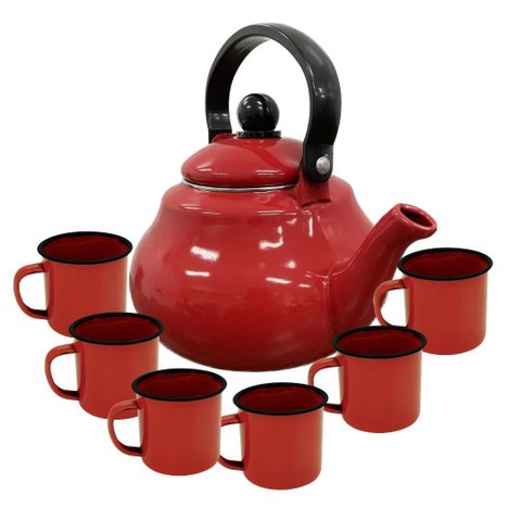 Conjunto Esmaltado Chaleira Vermelho 1500ml 6 Mini Canecas
