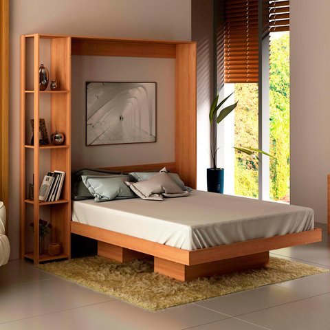 Cama De Casal Articulável Multifuncional Vertical com Nichos: Amêndoa
