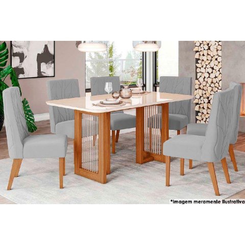 Sala de Jantar Completa Yara C/ Tampo Madeirado C/ Vidro Curvo 160x90cm e 6 Cadeiras Eloa Nature/
