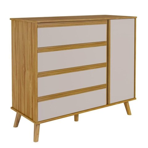 Cômoda Retro Théo 04 Gavetas 01 Porta Mdf Moveis Peroba Amendoa-off White