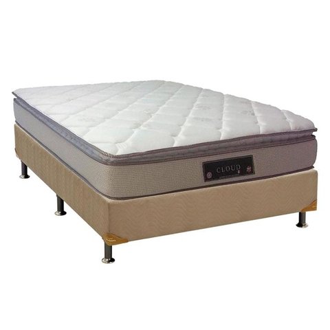 Cama Box Casal: Colchão Molas Ensacadas Luckspuma MasterPocket Cloud One Side + Base CRC Suede Bege(
