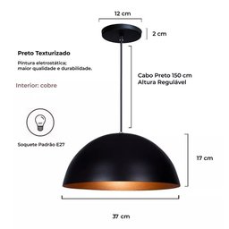 Pendente Meia Bola Cúpula Preto Com Cobre Luminária Lustre - 2