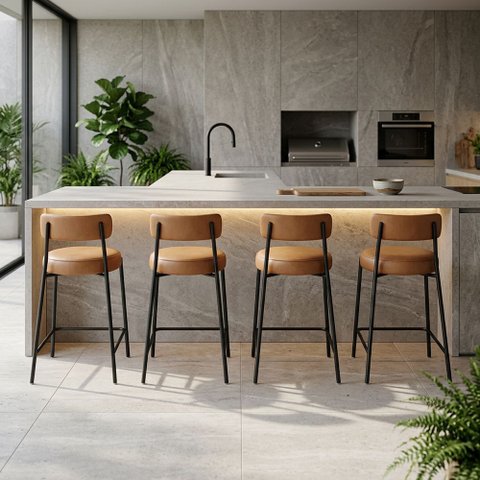 Banqueta Cozinha Média com Encosto Industrial Preto Kit 4 Londres PU D03 - D'Rossi