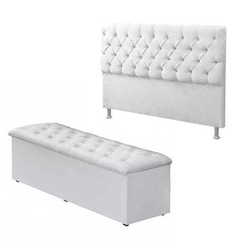 Cabeceira Mais Calçadeira Baú Casal 140cm Para Cama Box Courino Branco