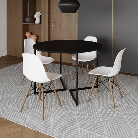 Mesa Jantar Industrial Redonda 110cm Preta Base V Ferro Preto com 4 Cadeiras Eames Branca Base Madei