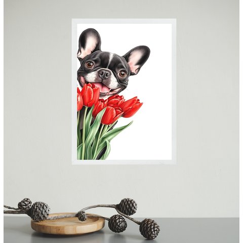 Quadro Cão Bulldog Francês com Flores Tulipas 45x34cm - com Vidro:moldura Branca