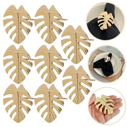 Kit 8 Pçs Anel Porta Guardanapo De Tecido Pano Metálico Folha Costela de Adão Argola Prendedor