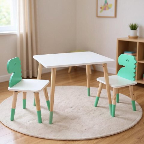 Mesa e 2 Cadeiras Infantil Dinossauro Kit Livro Educativo em Madeira - Verde Claro
