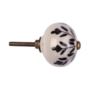 Puxador Decorativo de Cerâmica Branco Preto Trabalhado