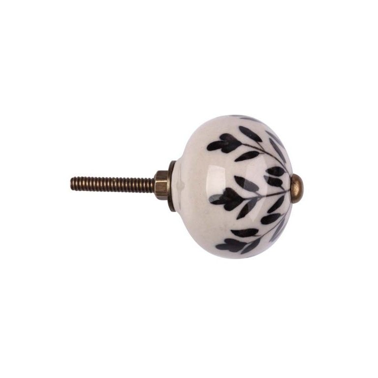 Puxador Decorativo de Cerâmica Branco Preto Trabalhado