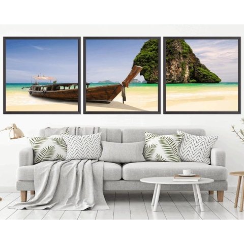Quadro Decorativo 195x64cm Barco Praia Tailândia Quarto Sala