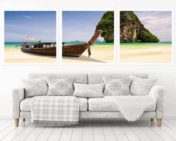 Quadro Decorativo 195x64cm Barco Praia Tailândia Quarto Sala