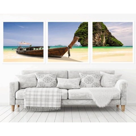 Quadro Decorativo 195x64cm Barco Praia Tailândia Quarto Sala
