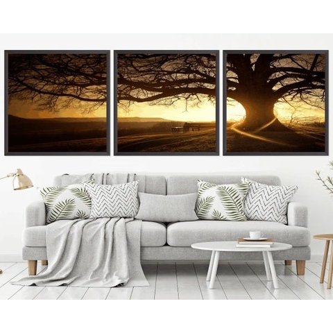 Quadro Decorativo 195x64cm Por Do Sol Na Árvore Colina Sala