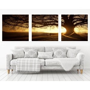 Quadro Decorativo 195x64cm Por Do Sol Na Árvore Colina Sala