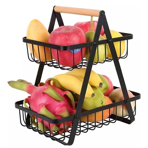 Fruteira Cesto Organizador Duplo Aramado Fruta Legumes Utensilios Mesa Cozinha Bancada Escritorio Mo