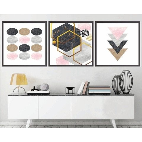 Quadro Decorativo 195x64cm Abstrato Geométrico Rose Moderno