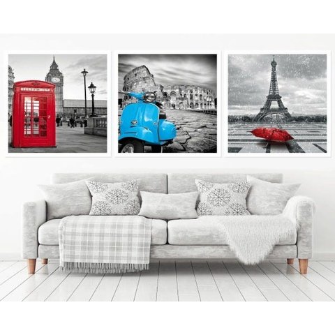 Quadro Decorativo 195x64cm Londres Roma Paris Quarto Sala