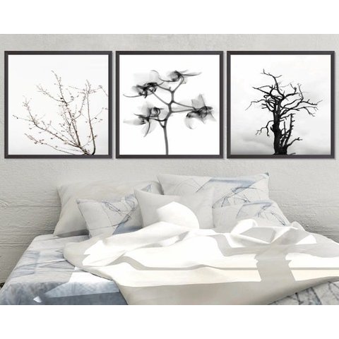 Quadro Decorativo 195x64cm Galhos Flores Preto E Branco Sala