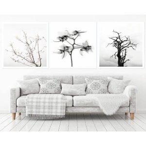 Quadro Decorativo 195x64cm Galhos Flores Preto E Branco Sala