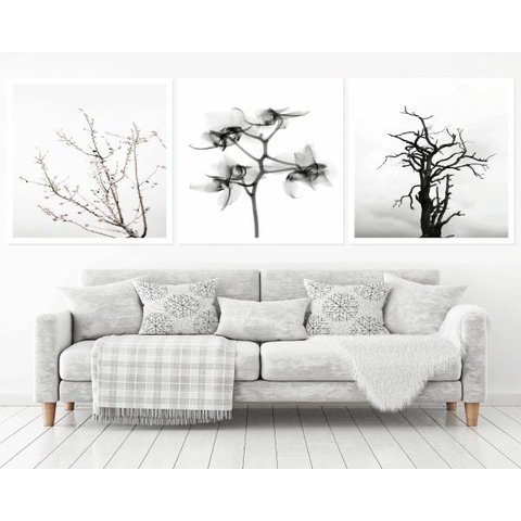 Quadro Decorativo 195x64cm Galhos Flores Preto E Branco Sala