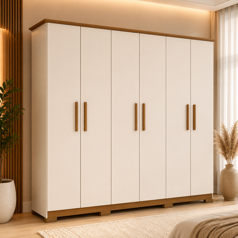Guarda Roupa Casal Lima 6 Portas 3 Gavetas Henn MDP Off White Nature Cabideiro Alumínio Amplo Espaço