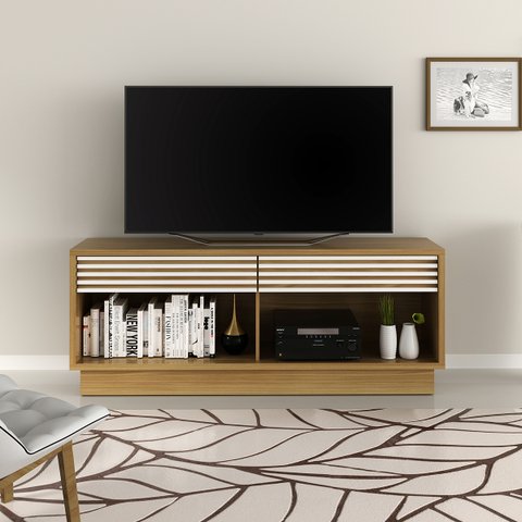 Rack Bancada para Tv até 42 Polegadas Prateleiras e Gavetas: Natural com Off White
