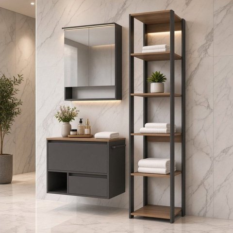 Conjunto Gabinete Banheiro Modulado 3 Peças com Iluminação em LED 100cm Grafite Mel
